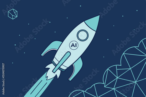 Artificial intelligence rocket launching into space illustrating innovation and technological advancement for future success