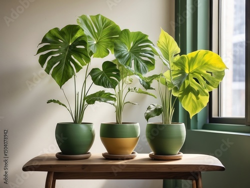 Modern Indoor Green Potted Plants on Wooden Table – Minimalist Home Decor with Tropical Leaves