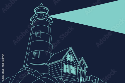 Vector illustration of a lighthouse on a rocky shore with glowing beam shining across the dark sky