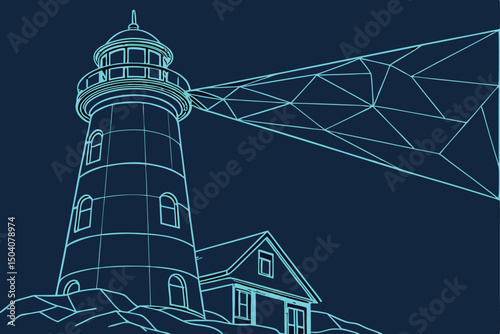 Vector illustration of a geometric lighthouse emitting a beam of light over dark blue background.