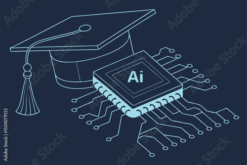 Artificial intelligence and education concept graduation cap and circuit board depicting future learning