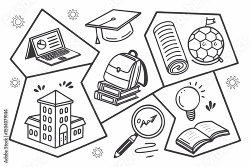 Black and white illustration of education related items for learning and academic pursuits