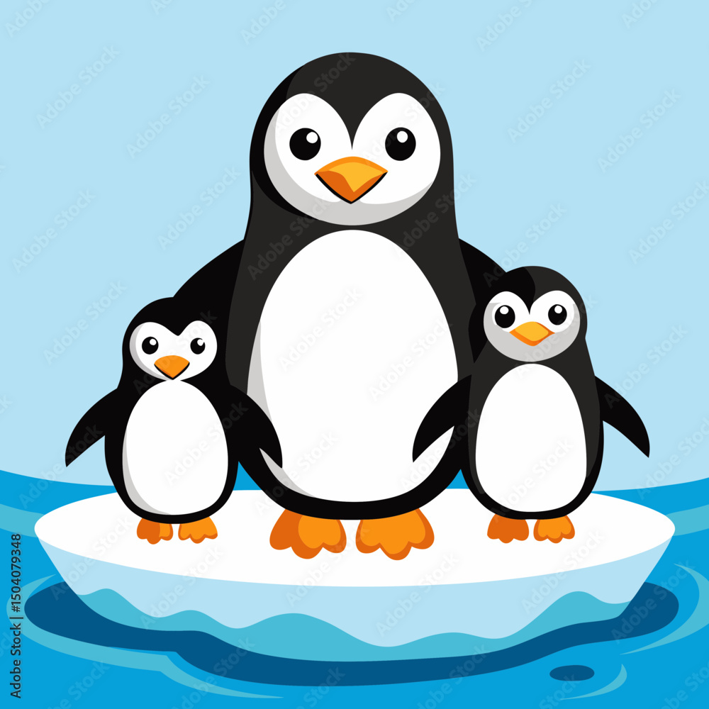 Fototapeta premium Cute penguin family standing together on a snowy ice floe, perfect for winter and wildlife themes