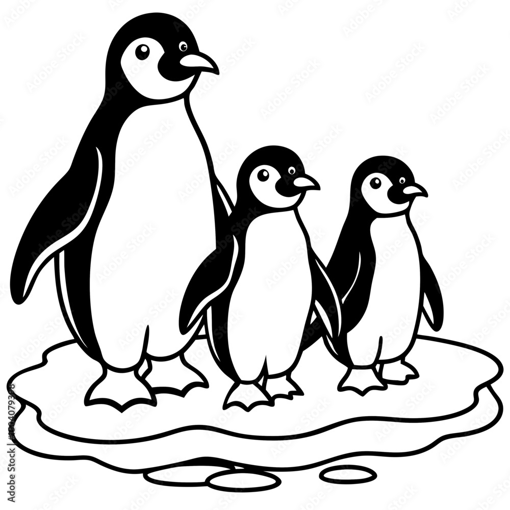 Naklejka premium Cute penguin family standing together on a snowy ice floe, perfect for winter and wildlife themes
