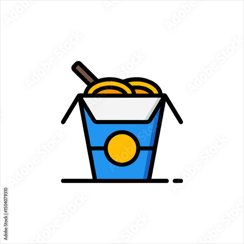 A noodle box with chopsticks and a yellow circle logo