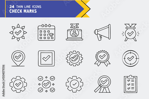 Collection of twenty four hand drawn thin line check mark icons for approval and verification concepts