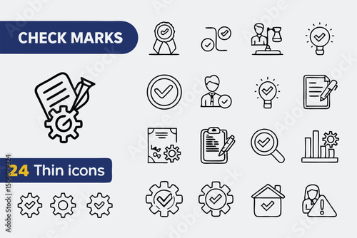Collection of twenty four modern outline style check marks approve complete icons for various concepts and design
