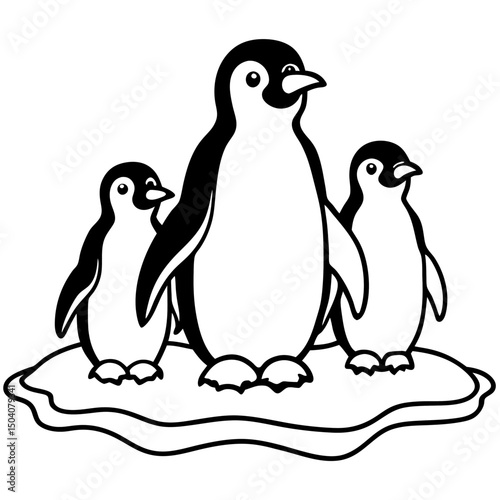 Cute penguin family standing together on a snowy ice floe, perfect for winter and wildlife themes