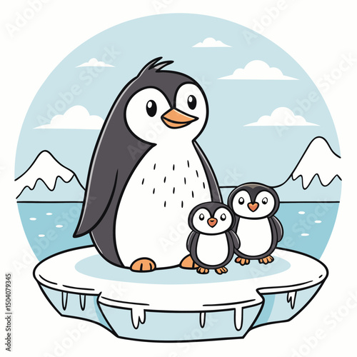 Cute penguin family standing together on a snowy ice floe, perfect for winter and wildlife themes