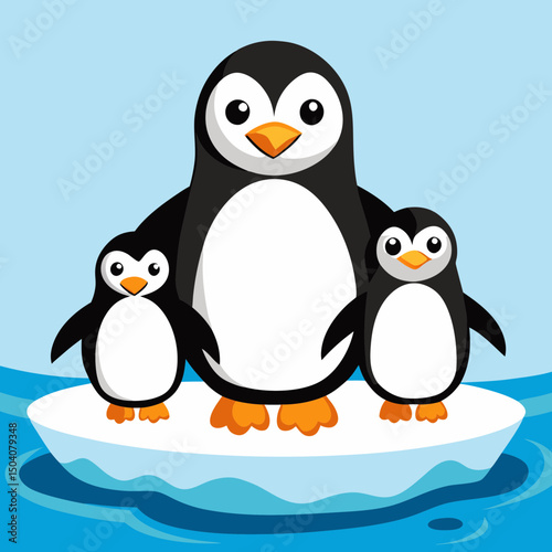 Cute penguin family standing together on a snowy ice floe, perfect for winter and wildlife themes
