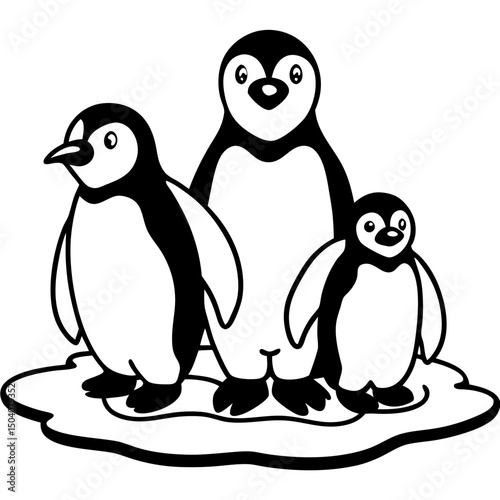 Cute penguin family standing together on a snowy ice floe, perfect for winter and wildlife themes