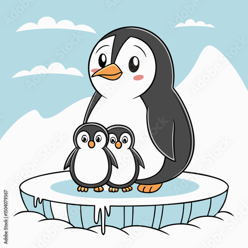 Cute penguin family standing together on a snowy ice floe, perfect for winter and wildlife themes