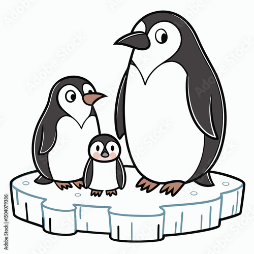 Cute penguin family standing together on a snowy ice floe, perfect for winter and wildlife themes