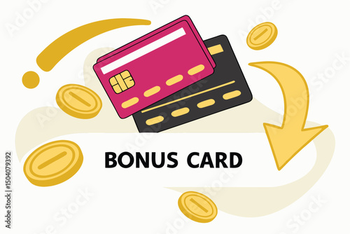 Illustration of a bonus card concept with credit cards golden coins and a yellow arrow pointing downward.