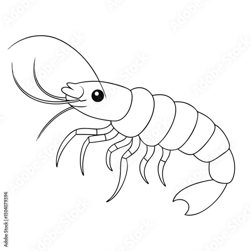 Detailed black outline depicts a shrimp with articulated body and flowing antennae