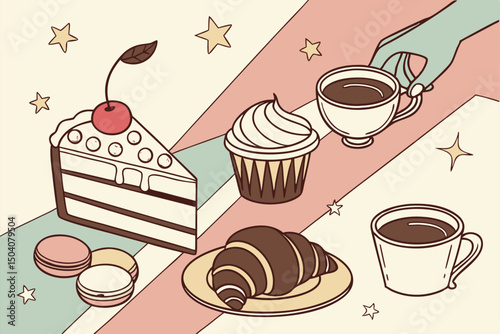 Sweet treats and coffee cups illustration featuring cake cupcake croissant and macarons with artistic elements