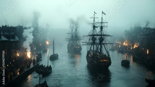 Historic port scene with ships in a foggy harbor