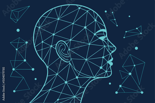 Abstract illustration of a human head depicted in a geometric network against a deep blue background