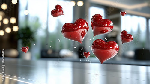 Floating red hearts create romantic atmosphere, perfect for Valentine Day celebrations or love themed events