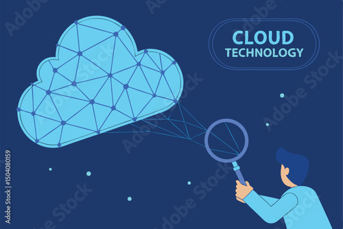 Conceptual illustration depicting cloud technology analysis with a magnifying glass over a networked cloud shape.