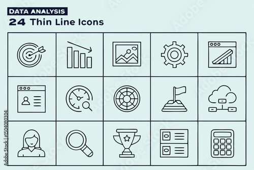 Collection of twenty four thin line data analysis icons representing various business concepts