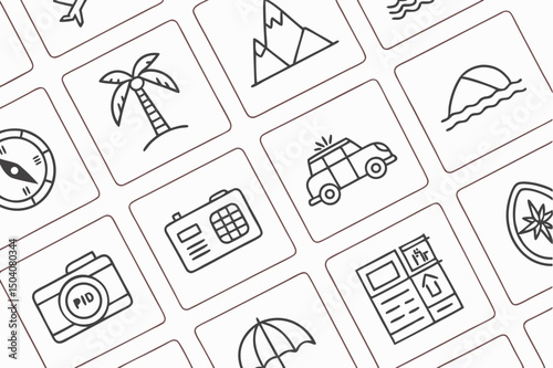 Collection of travel icons in hand drawn style featuring vacation destinations and adventure elements
