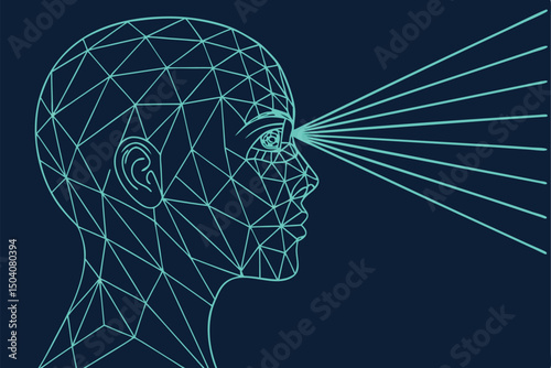 Geometric illustration of a human head with light beams indicating foresight and perception