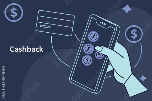 Illustration of a mobile phone displaying cashback coins and a credit card representing rewards