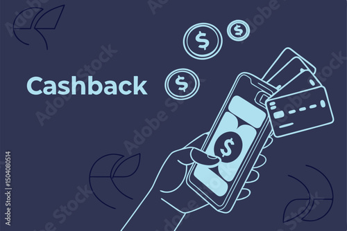 Cashback concept design with a smartphone credit cards and money floating for modern financial transactions
