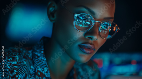 Black tech professional woman at modern desk with abstract circuit pattern, cool blue lighting, and futuristic ambiance series