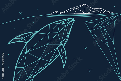 Geometric dolphin leaping from water with mountain and abstract elements on a dark blue background