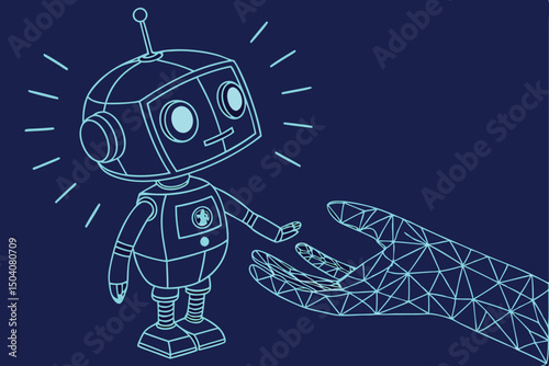 A friendly robot reaches out to a human hand representing assistance and connection in technology