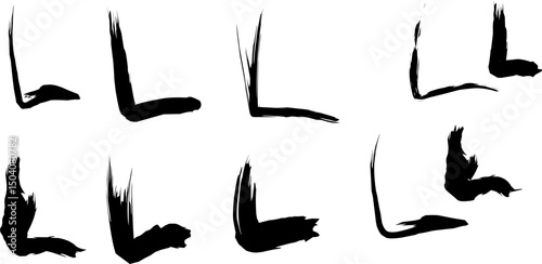 Collection of stylized anarchist "L" symbols drawn in various grunge, abstract, and expressive brushstroke styles on a white background. Ideal for punk, rebellion, or subculture-themed design.