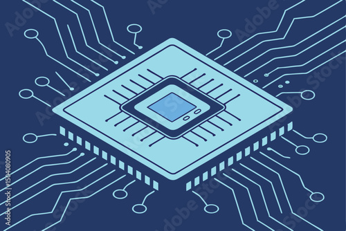 Isometric view of a digital microprocessor core circuit board with connected lines and digital architecture