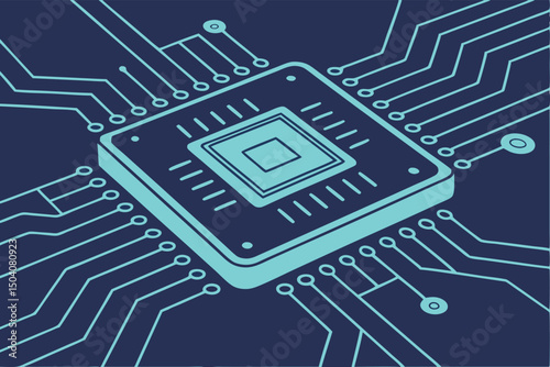Modern vector illustration of a central processing unit within a complex circuitry arrangement