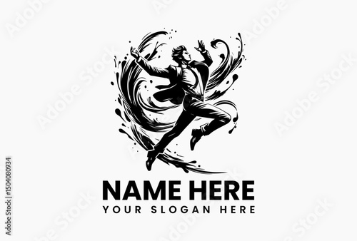 Dynamic suited dancer silhouette with energetic paint splashes vector logo. Artistic movement emblem  