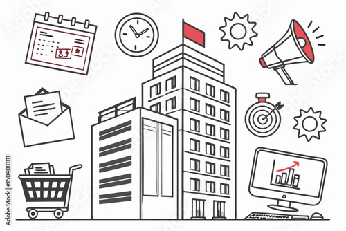 Business concept illustration with a building, clock, calendar, shopping cart and growth chart on the computer screen