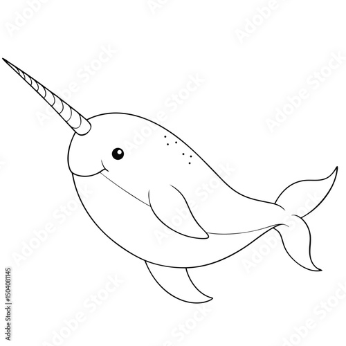 Monochrome narwhal swims gracefully with its distinctive horn on a blank background