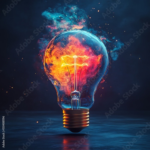 Glowing lightbulb surrounded by fiery energy representing brilliant innovation high resolution image