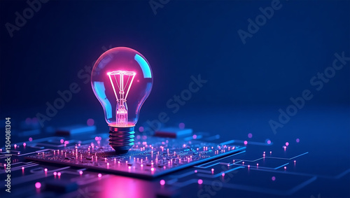 Glowing Neon Glass Lightbulb on Minimal Background with Copy Space