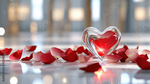 Beautiful glass heart surrounded by red rose petals creates romantic atmosphere, perfect for expressing love and affection
