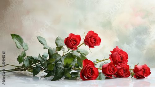 Beautiful arrangement of red roses with green leaves, symbolizing love and romance, perfect for special occasions