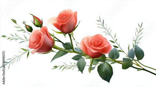 Three beautiful pink roses with green leaves and buds, symbolizing love and affection, perfect for Valentine Day