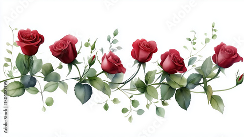 Beautiful red roses arranged with green leaves create romantic and elegant floral design, perfect for expressing love and affection