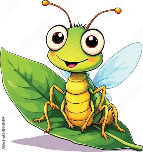 Friendly Cartoon Bug on Leaf – Green and Yellow Smiling Insect with Expressive Eyes, Wings, and Antennae