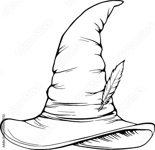 Classic Wizard Hat – Black and White Pointed Magic Hat with Feather and Wide Curved Brim