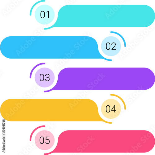 Modern vector infographic with five horizontal colorful banners featuring numbered steps. Clean, minimalist design perfect for presentations, business processes, tutorials, and web design.