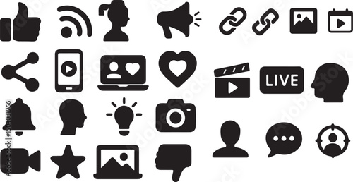 Black vector silhouettes representing 20+ social media and content creation elements like cameras, video icons, followers, laptops, megaphones, hearts, and more.
