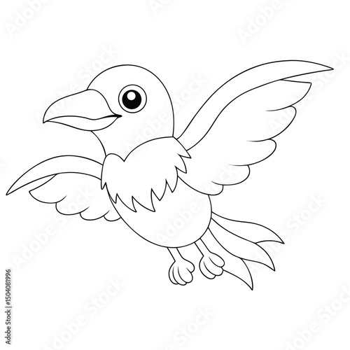Outlined cartoon bird soars with delightful charm and gentle expression