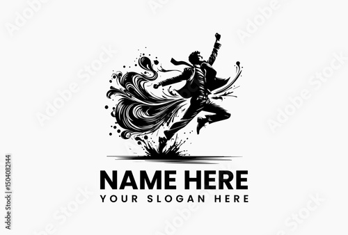 Dynamic suited dancer silhouette with energetic paint splashes vector logo. Artistic movement emblem  